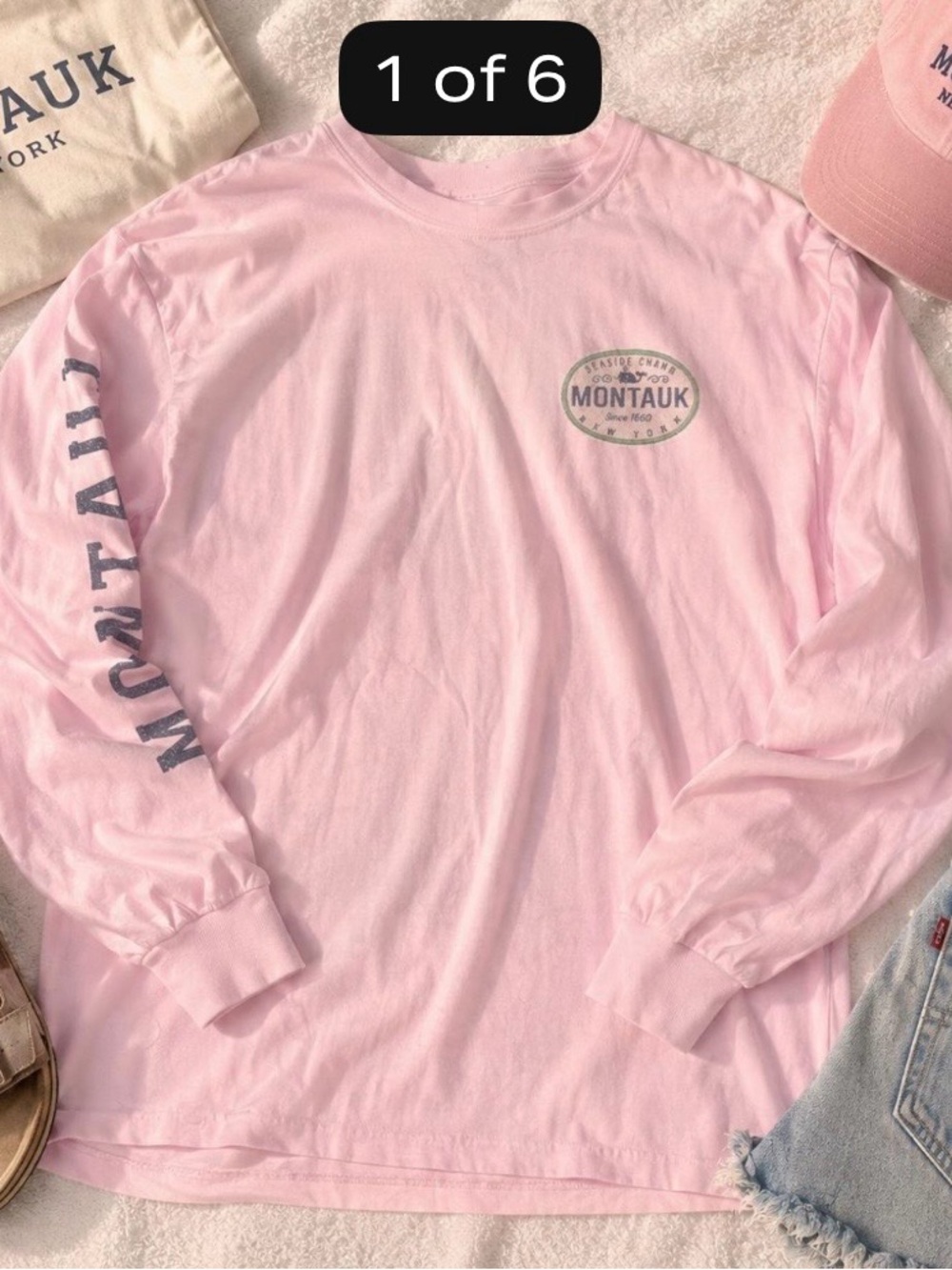 Comfort Colors Long Sleeve Tee in Pale Pink with Montauk NY and Sleeve Print